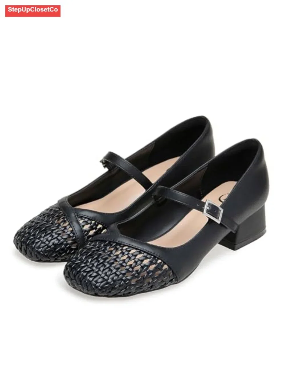 Women's Mary Jane Pumps Woven Toe Low Block Heel Dress Shoes
